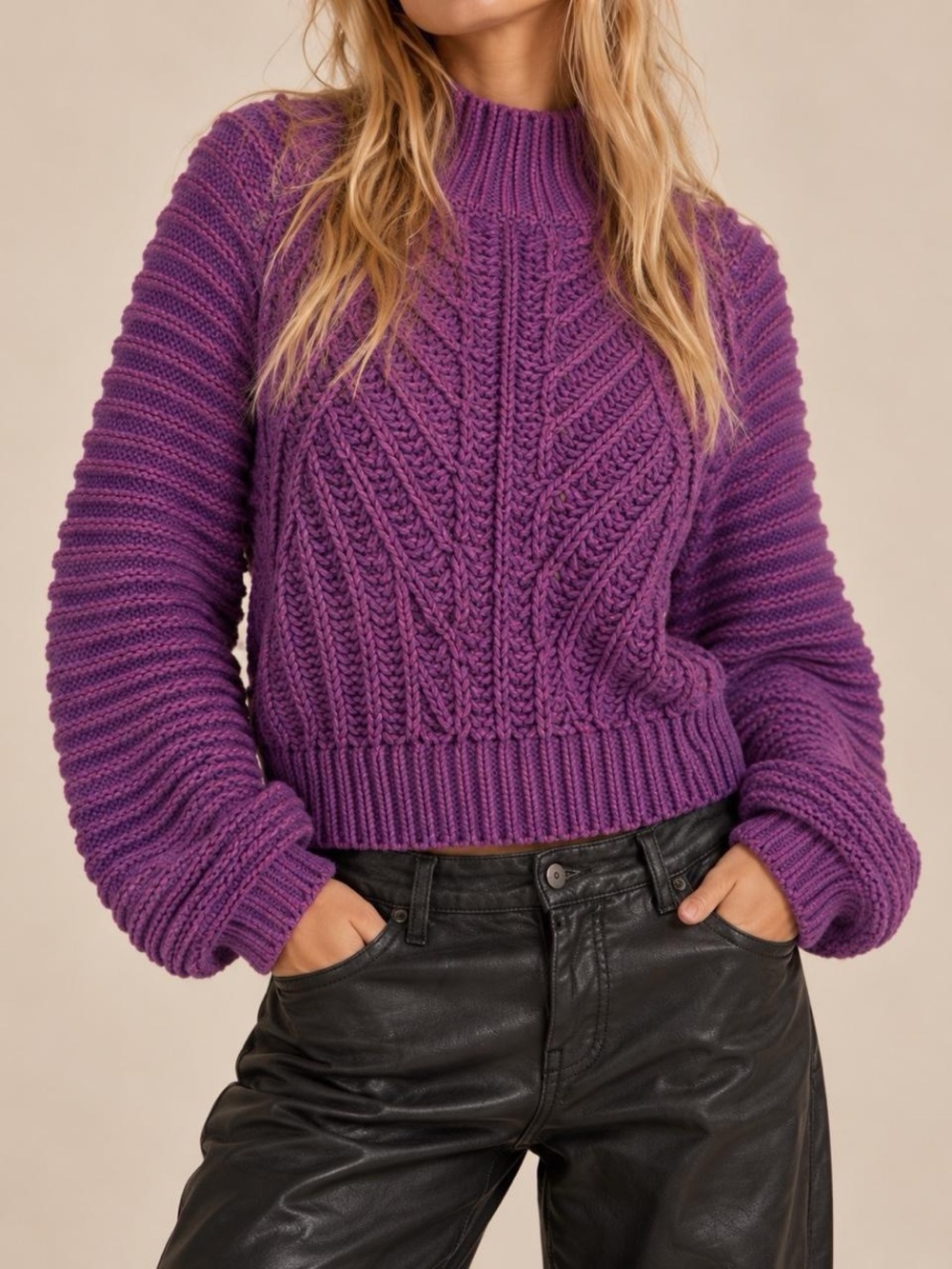 Free people Chunky Purple Cable Knit Mock-Neck Sweater